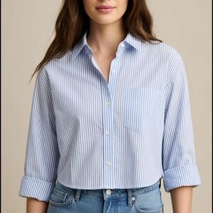 Abercrombie & Fitch Blue Striped Cropped Button Down Poplin Shirt Boxy Fit XS